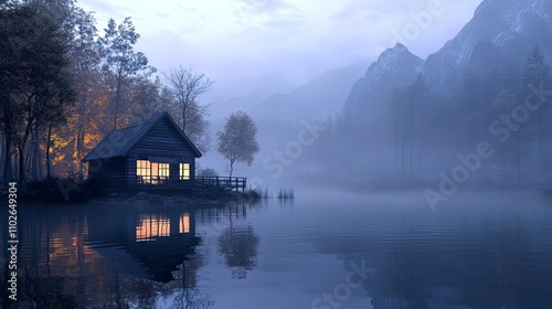 Illuminated Wooden house in the forest on a calm reflecting lake with the foggy mountains in the background at dusk 