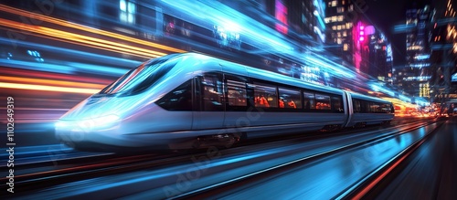 High-speed train speeding through a vibrant city at night. (1)