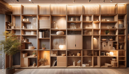 Versatile Modular Wall Setup Featuring Decorative Storage and Accent Panels