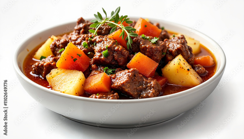 Hearty beef stew with vegetables in white bowl Hearty beef stew with vegetables in white bowl