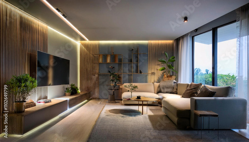 Modern Living Room with Innovative Modular Wall Unit Designs – 3D Mockup