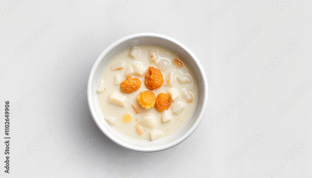 Creamy clam chowder with croutons in white bowl Creamy clam chowder with croutons in white bowl