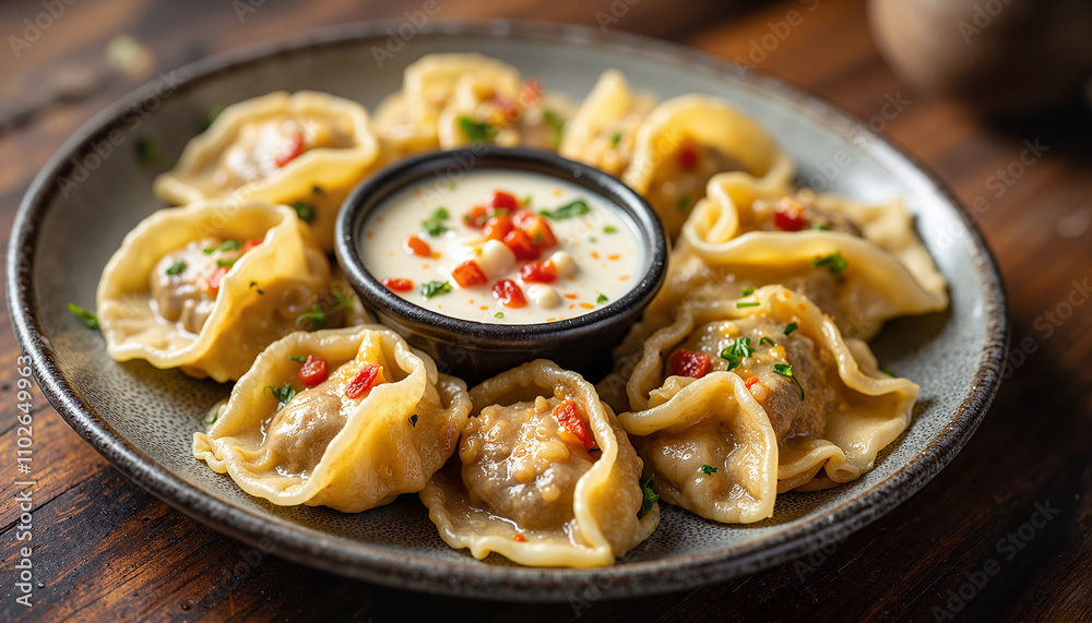 Delicious dumplings with dipping sauce on rustic plate