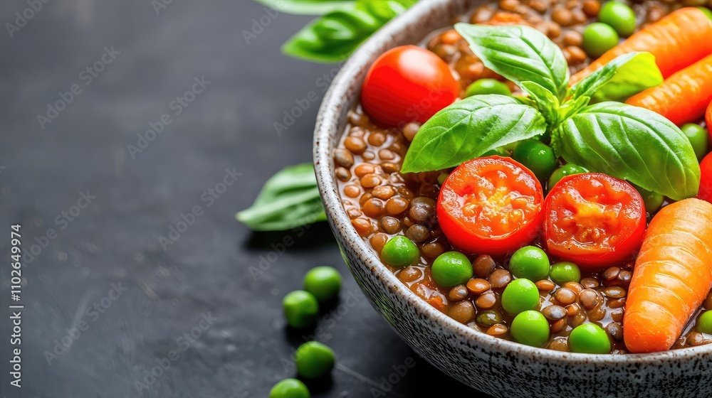 Delicious lentil soup with fresh vegetables, served in a bowl. Delicious lentil soup with fresh vegetables, served in a bowl.