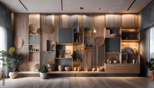 Versatile Modular Wall Setup Featuring Decorative Storage and Accent Panels
