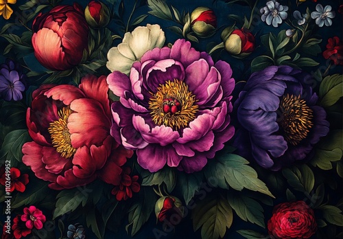 Fototapeta Naklejka Na Ścianę i Meble -  vibrant peonies detailed floral arrangement realistic botanical background art