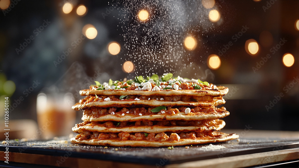 Savory pancake stack with herbs and cheese sprinkle Savory pancake stack with herbs and cheese sprinkle