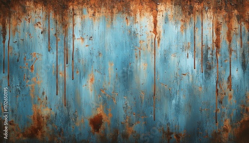 Rustic Blue and Brown Metal Texture with Rust Drips Background.