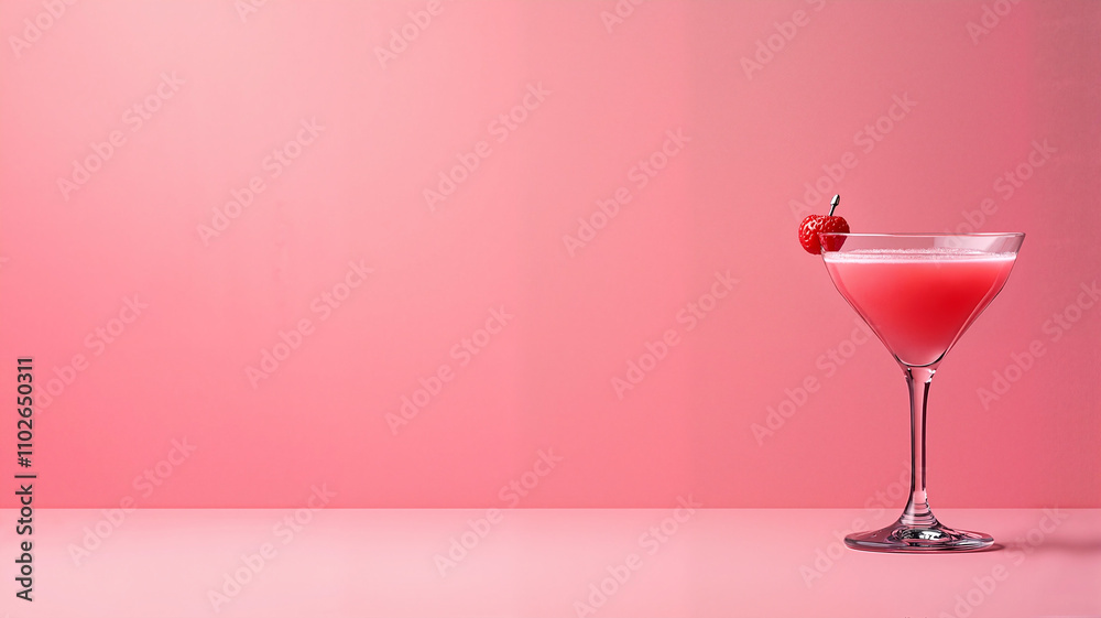 Pink cocktail with cherry in martini glass on pink background Pink cocktail with cherry in martini glass on pink background
