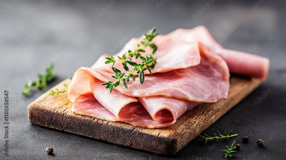 Sliced ham garnished with thyme on a wooden cutting board.