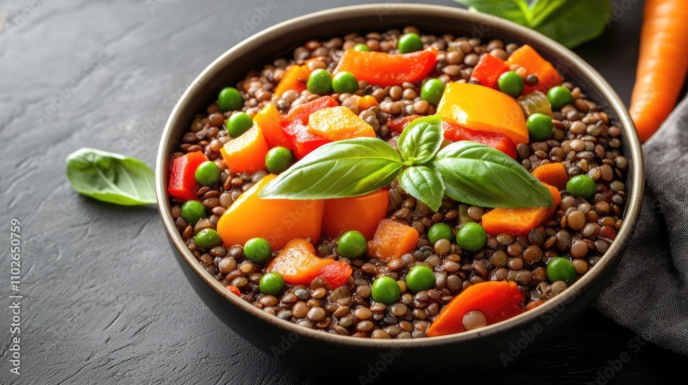 Fresh lentil salad with colorful vegetables and basil. Fresh lentil salad with colorful vegetables and basil.