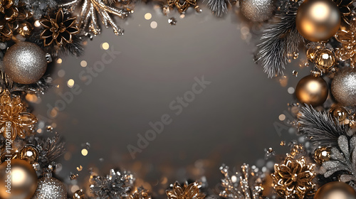 un fondo gris elegante vacio con espacio de copia con decoraciones navideñas elegantes en colores dorado y ocre para tarjeta o invitacion de navidad