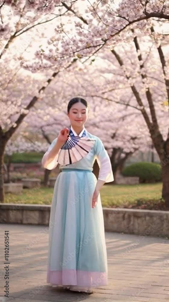 A serene outdoor scene featuring a Korean dancer gracefully performing traditional fan dance amidst cherry blossoms and soft lighting A serene outdoor scene featuring a Korean dancer gracefully performing traditional fan dance amidst cherry blossoms and soft lighting