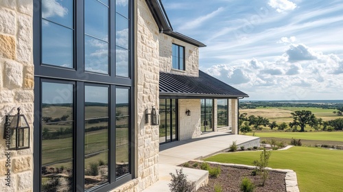 A modern farmhouse in the Texas countryside, with large windows overlooking rolling hills and a black metal roof on an exterior wall. The house is made of stone walls and beige-colored smooth stucco. 