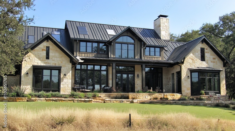 Obraz premium A beautiful, modern farmhouse in Austin, Texas, with large windows and lots of natural light. The house has tan stone exterior walls and black steel roof lines. 