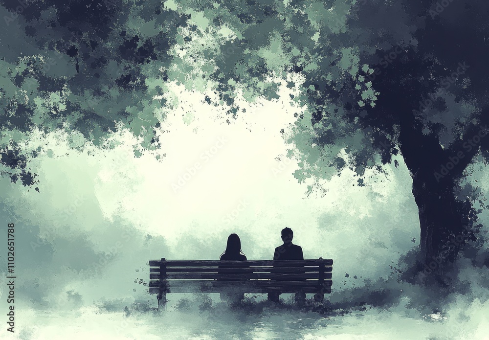 Silhouette Couple Sitting on Park Bench Under Tree. Silhouette Couple Sitting on Park Bench Under Tree.