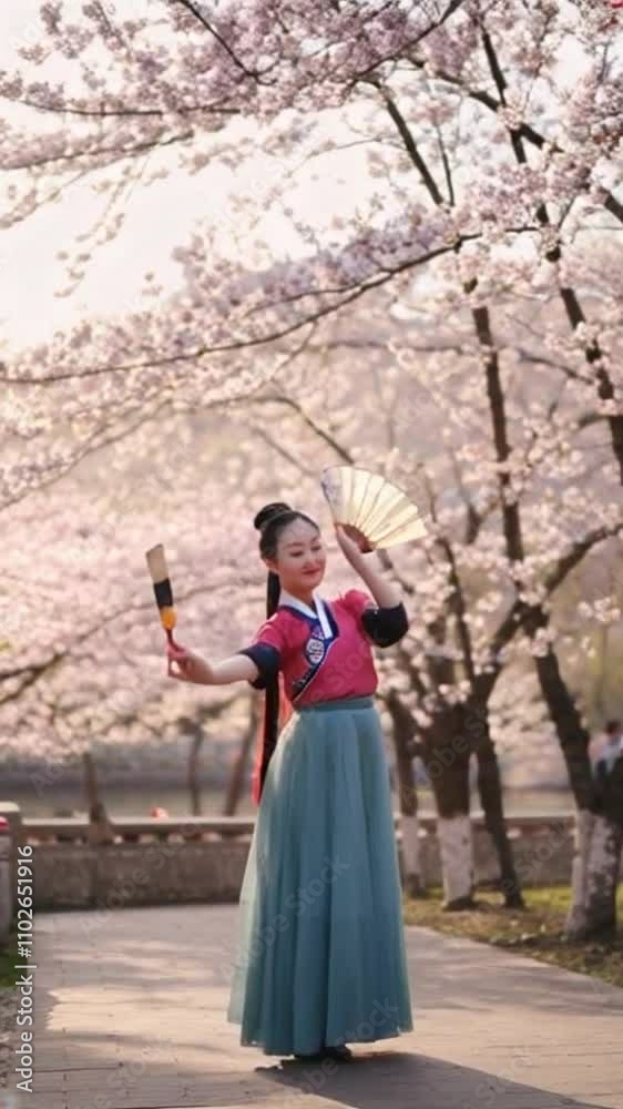 A serene outdoor scene featuring a Korean dancer gracefully performing traditional fan dance amidst cherry blossoms and soft lighting A serene outdoor scene featuring a Korean dancer gracefully performing traditional fan dance amidst cherry blossoms and soft lighting