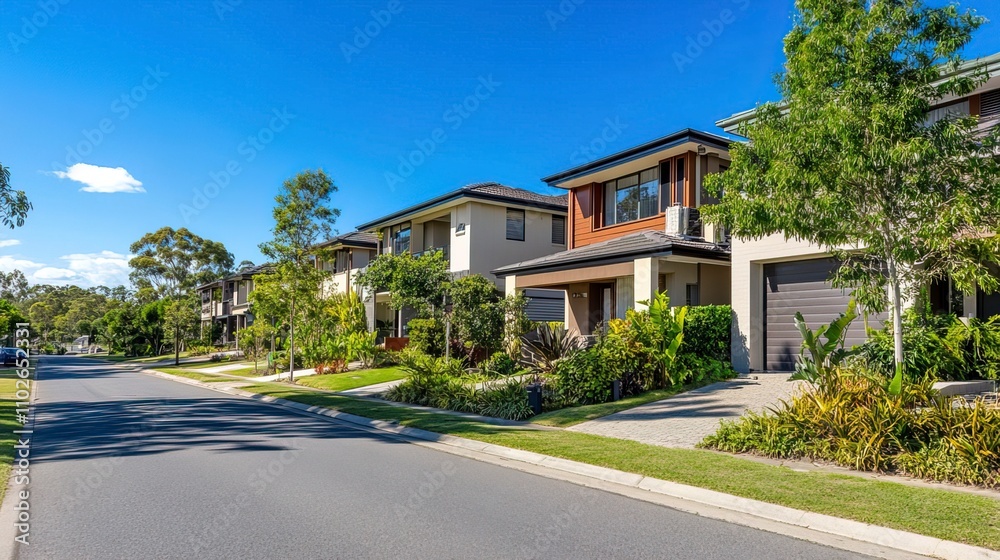 Obraz premium Suburban street lined with modern residential houses featuring manicured gardens and lush greenery under a clear blue sky. Real estate and private property 
