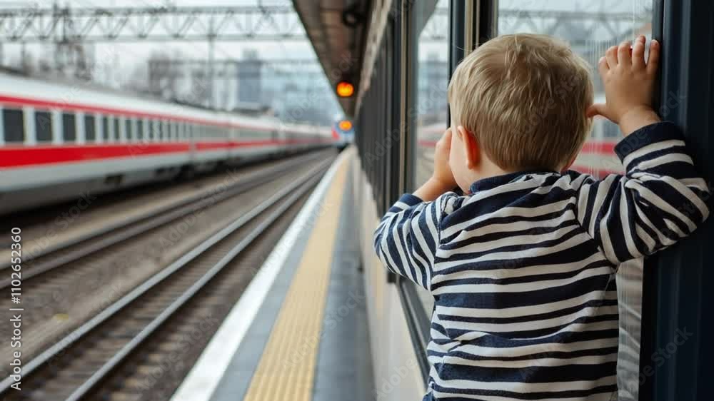custom made wallpaper toronto digitalA child gazes out of a train window at passing trains on a platform.