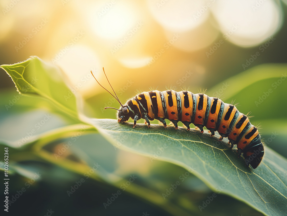 Caterpillar Crawling on Soft Green Leaf, Detailed Micro-Shot in Natural Light Caterpillar Crawling on Soft Green Leaf, Detailed Micro-Shot in Natural Light