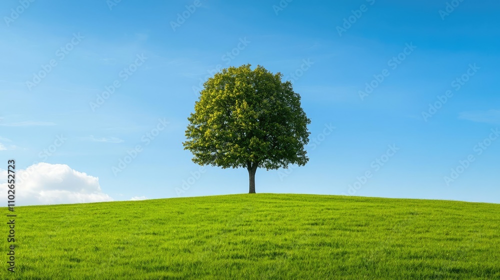 Lush green tree on a hill under a clear blue sky, vibrant nature scene. Lush green tree on a hill under a clear blue sky, vibrant nature scene.