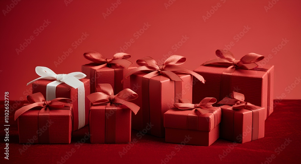 Obraz premium プレゼントと赤い背景｜Red background with presents