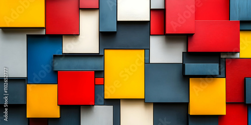 Abstract Geometric Pattern with Interlocking Red, Yellow, and Blue Squares in a 3D Style