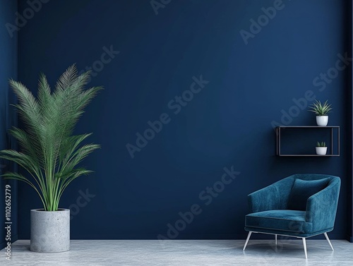 Modern Navy Blue Interior with Teal Velvet Armchair and Green Plant Minimalist Design photo