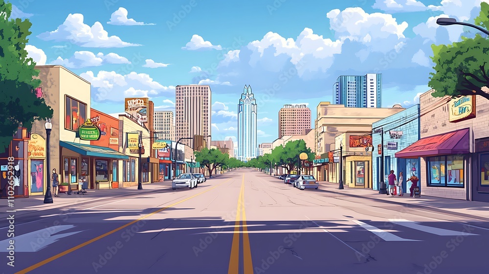 Sunny Day City Street Scene with Shops and Skyscrapers in the Background