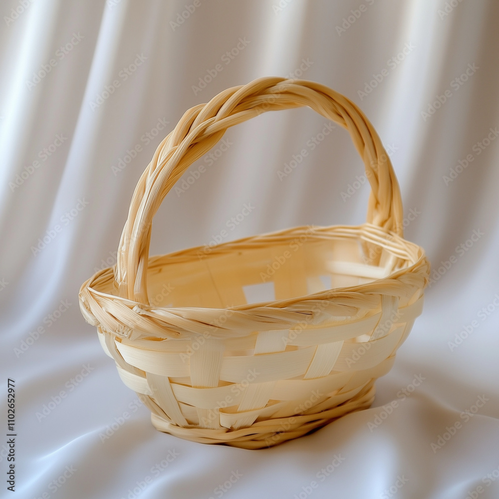 Fototapeta premium Empty Balsa Harvest Basket on White Silk Background with High-Quality Material
