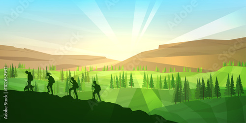 Vector illustration. Landscape scene with group of hikers. Travel concept of discovering, exploring and observing nature. Travelers climb with backpack and travel walking sticks. Hiking trip wallpaper