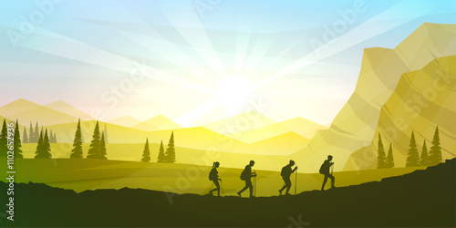 Vector illustration of a group of hikers on hiking trip. Travel concept of discovering, exploring and observing nature. 4 travelers walk with backpack and travel walking sticks. Horizontal landscape