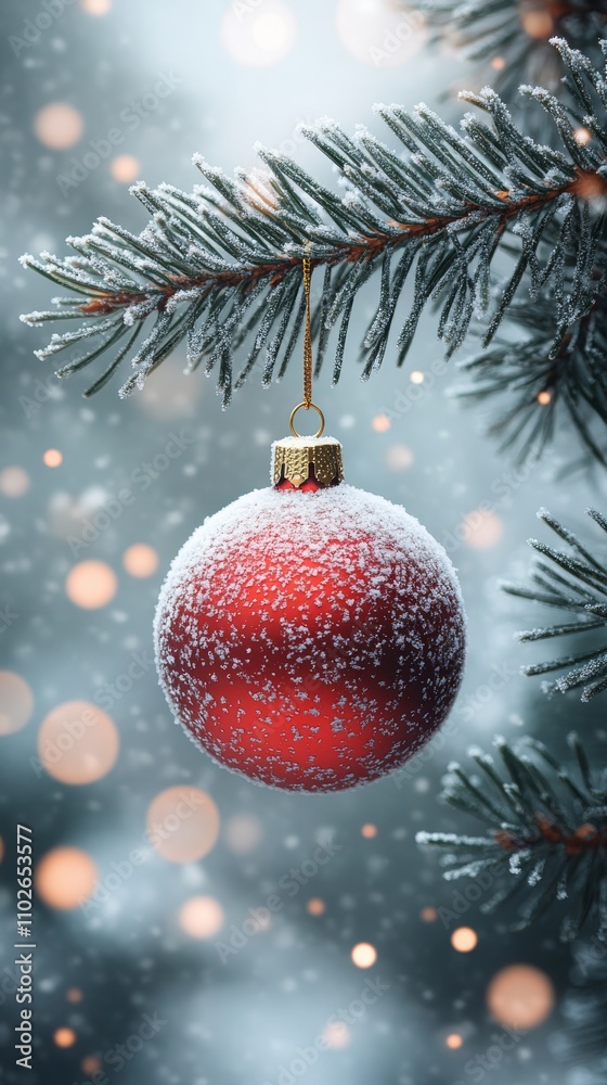 Snow-Covered Red Christmas Ornament Hanging on Frosty Pine Branch. Snow-Covered Red Christmas Ornament Hanging on Frosty Pine Branch.