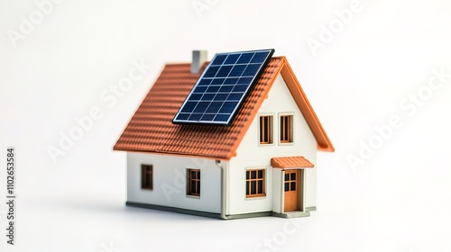 miniature house model with solar panel on roof on white background. smart home energy saving concept 