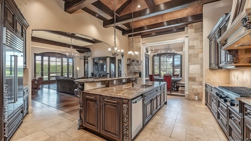 A luxurious home featuring a stunning kitchen with modern appliances and elegant finishes. 