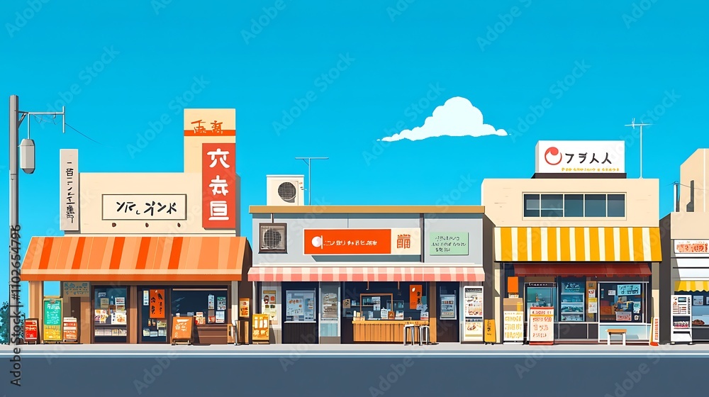 Vibrant Japanese Street Scene with Shops and Clear Blue Sky