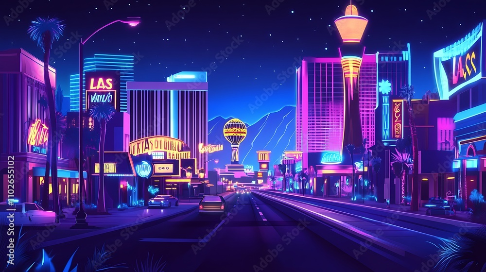 Neon-lit Las Vegas Strip at Night, Retrofuturistic Cityscape