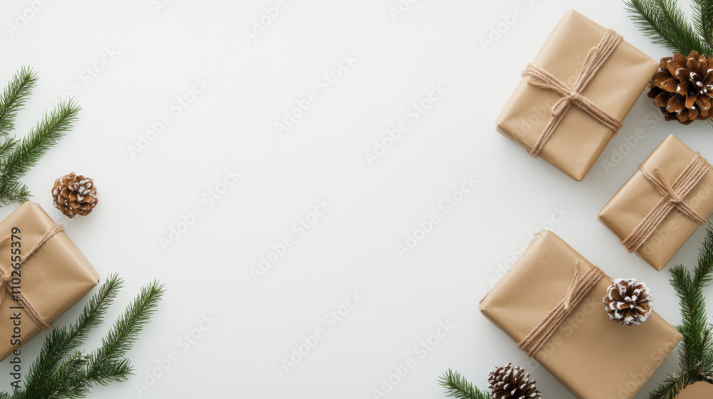 Christmas background, wrapped brown paper gifts, pine cones, wrapped gifts and holiday decor in a copy space image Christmas background, wrapped brown paper gifts, pine cones, wrapped gifts and holiday decor in a copy space image