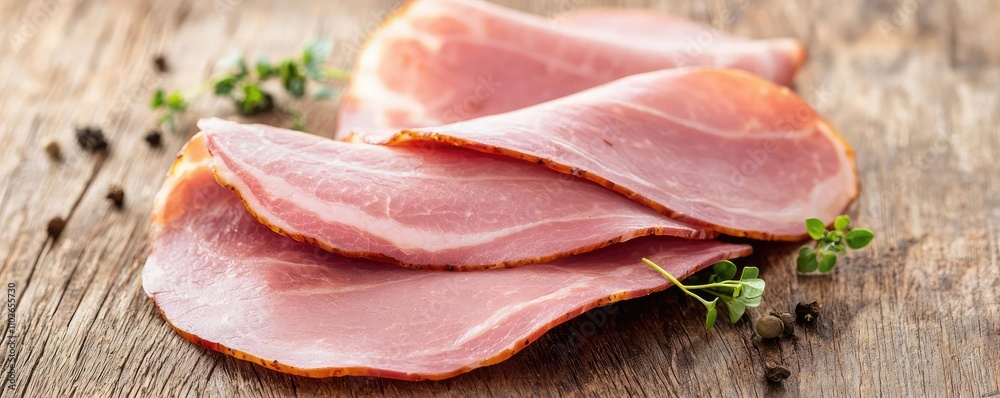 Slices of ham on a rustic wooden surface with herbs and spices. Slices of ham on a rustic wooden surface with herbs and spices.