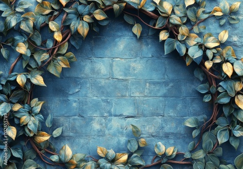 Teal Brick Wall with Golden and Teal Vine Border. photo