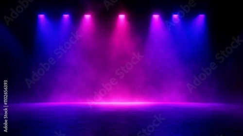 Dark Stage with Purple and Blue Spotlights Dramatic Atmosphere Empty Space Laser Beams Smoke