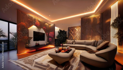 Living Room Featuring Modern Acoustic Panels with Unique 3D Designs