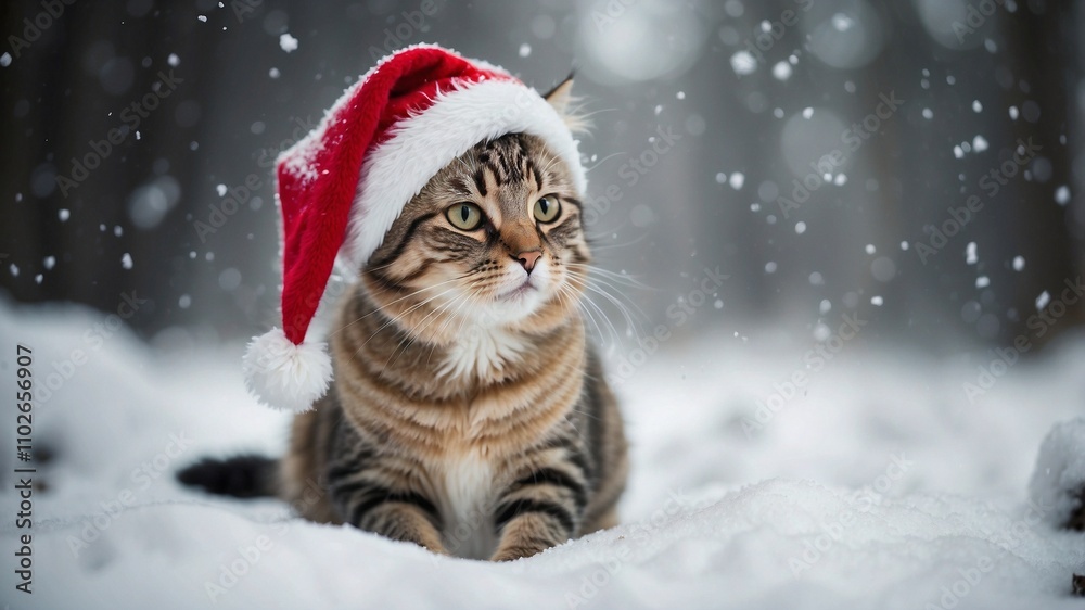 cute cat wearing christmas hat on blurry snowy forest background cute cat wearing christmas hat on blurry snowy forest background