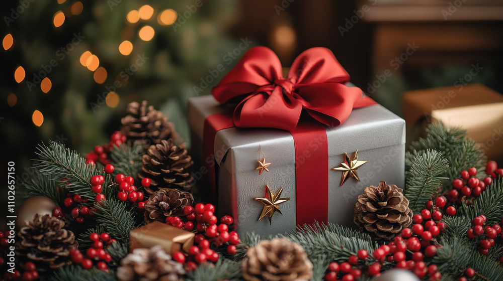 Christmas gifts and decorations on a wooden surface, featuring a large silver gift box with a red bow, smaller silver gift boxes with red ribbons