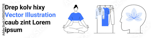Woman practicing yoga in blue outfit, clothing on rack, human head with lotus flower inside Ideal for wellness, mindfulness, mental health, yoga, fashion, interior design lifestyle. Landing page