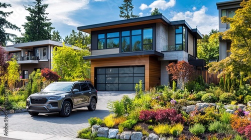 A family SUV parked in front of a modern suburban house with a landscaped garden