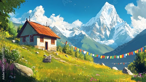 Serene Mountain Cottage with Prayer Flags and Majestic Peak