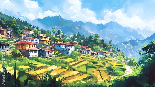 Vibrant Mountain Village nestled amongst terraced rice paddies and lush greenery.