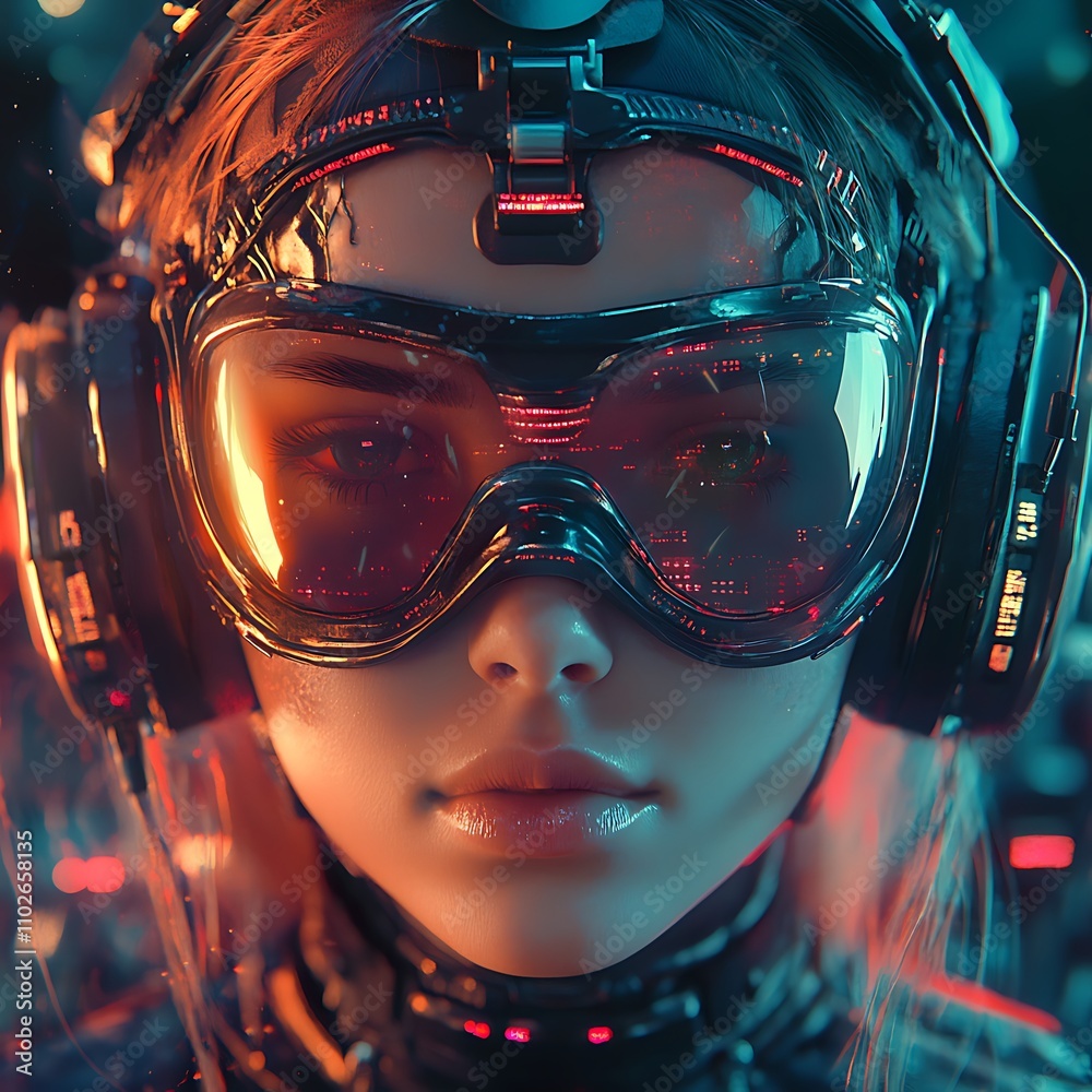 Cyberpunk woman with vibrant neon lights in her eyes, headphones, and armored suit Cyberpunk woman with vibrant neon lights in her eyes, headphones, and armored suit