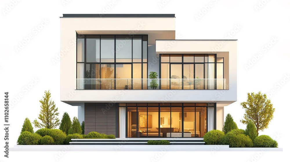 Modern two-story house with large windows and terrace, isolated on white background. Modern two-story house with large windows and terrace, isolated on white background.